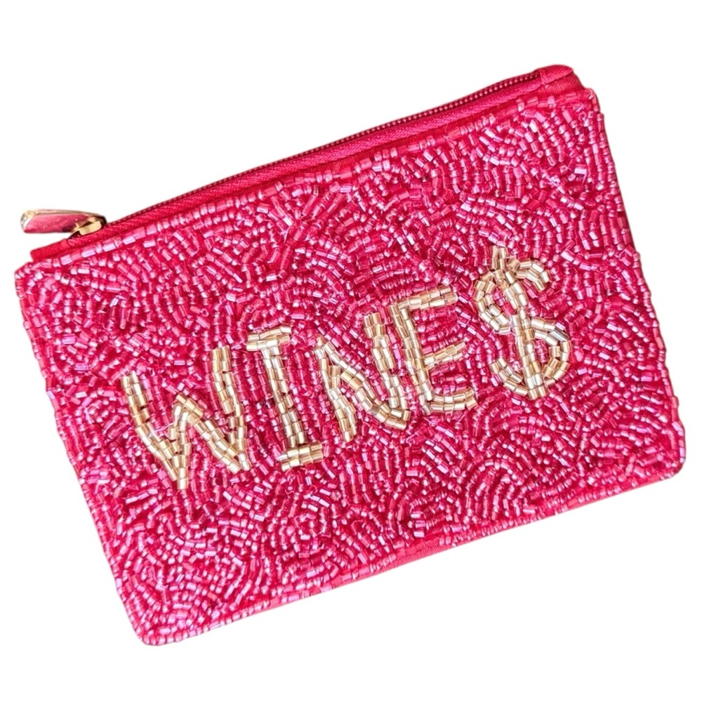 Handmade WINE$ Beaded Coin Purse Bright Pink Lipstick Pouch & Card Holder